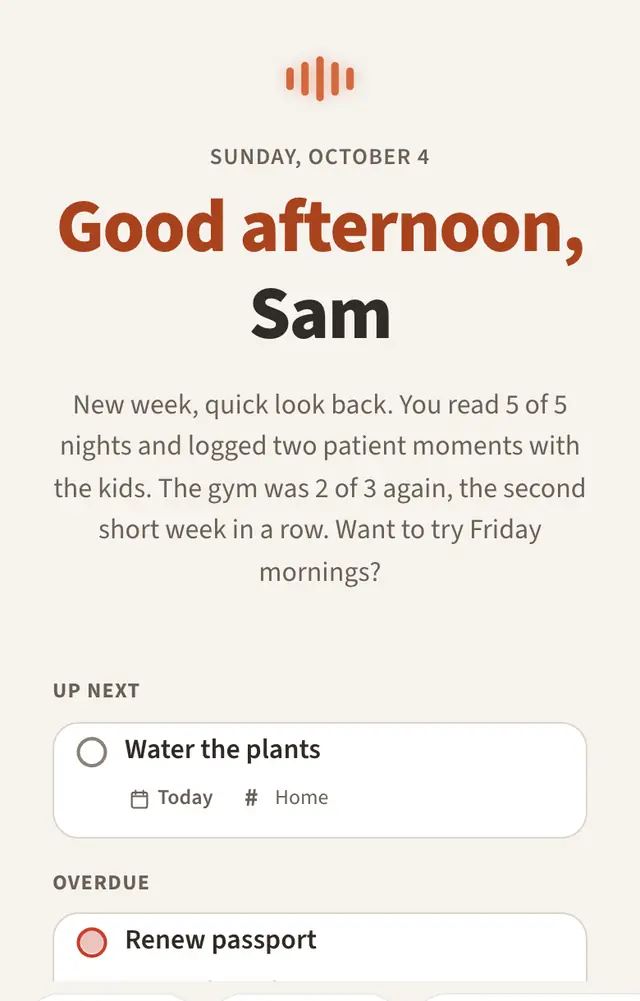 Yarvy's home screen with a weekly look back: 5 of 5 nights of reading, two patient moments logged, and the gym at 2 of 3 for the second week, with a suggestion to try Friday mornings.