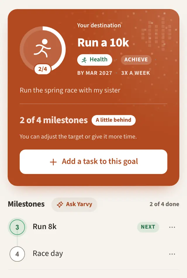 A goal in Yarvy: Run a 10k by March 2027, 2 of 4 milestones, marked A little behind, with the note You can adjust the target or give it more time.